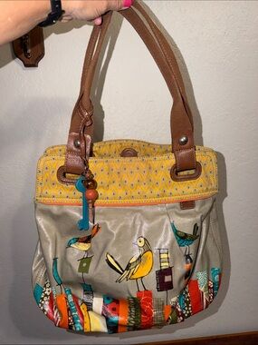 FOSSIL Key-Per Coated Canvas Tote Shoulder Bag Purse City Birds Vacation Cottage